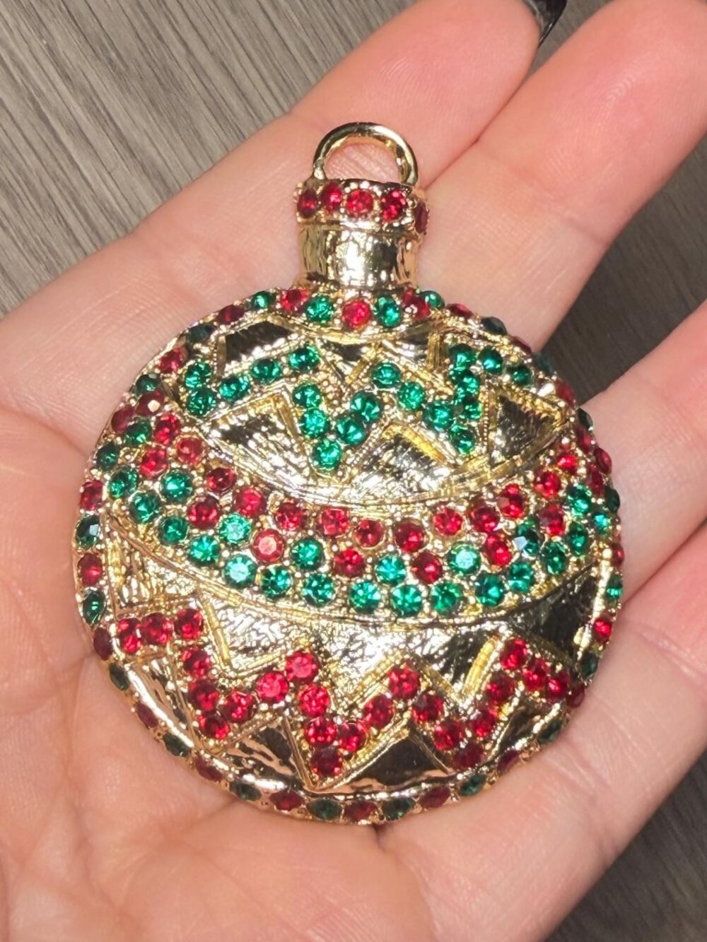 Christmas Ornament Vintage Brooch Red Green Rhinestone Gold Tone Holiday Pin 2.6